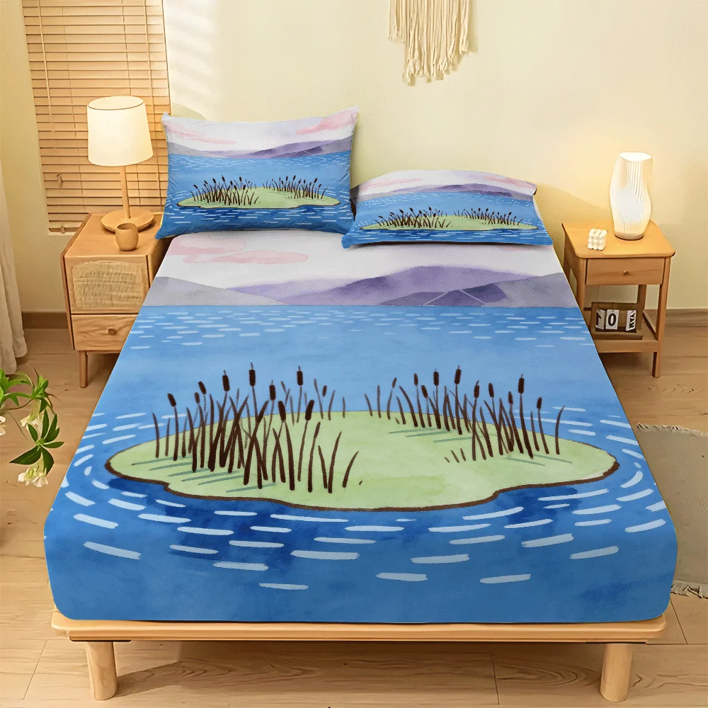Newest 2D Three-Piece Bedding Set (Includes 1 Fitted Sheet + 2 Pillowcases) Mattress Protector, 3-Piece Hotel-Grade 2D Printed Fitted Sheet Set, Elastic Deep Pocket Fitted Sheet, Protective Cover, Holiday Decoration, Various Sizes, Breathable Protective Cover with Pillowcase