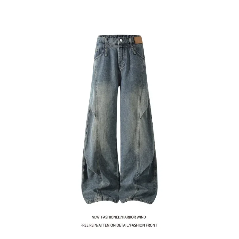 Men 2026 American Style Wide Leg Scimitar Jeans Contrast Stitch Spliced Pleated Design Loose Casual Long Denim Pants For Male