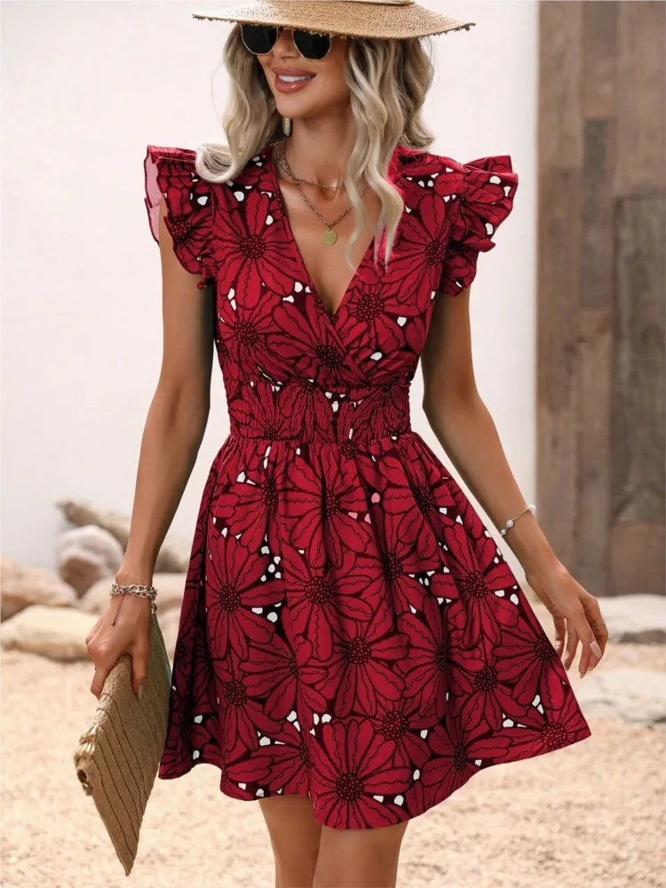 Summer Women Print Dress Fashion Sexy V-neck Ruffles Sleeveless Elegant Party Casual Dresses New Female Beach Mini Dress Robe
