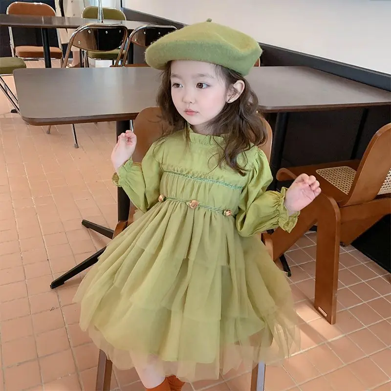 

Girls' Dress 2023 Spring New Lace Collar Cake Gauze Dress Sweet Baby Princess Dress