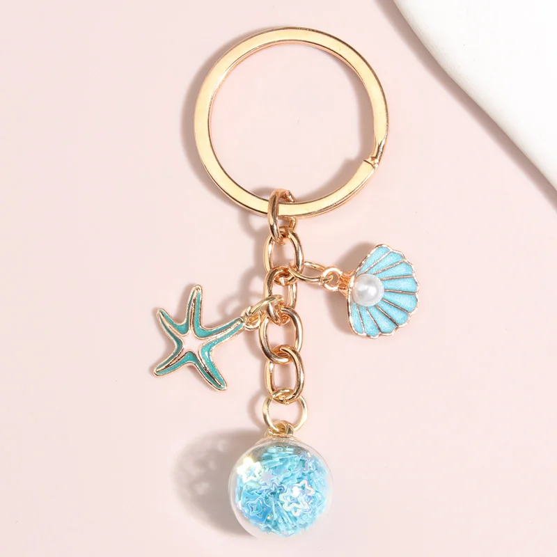 New Cute Enamel Keychain Shell Starfish Key Ring Pentagram Glass Beads Key Chains Sea Gifts For Women Men DIY Handmade Jewelry