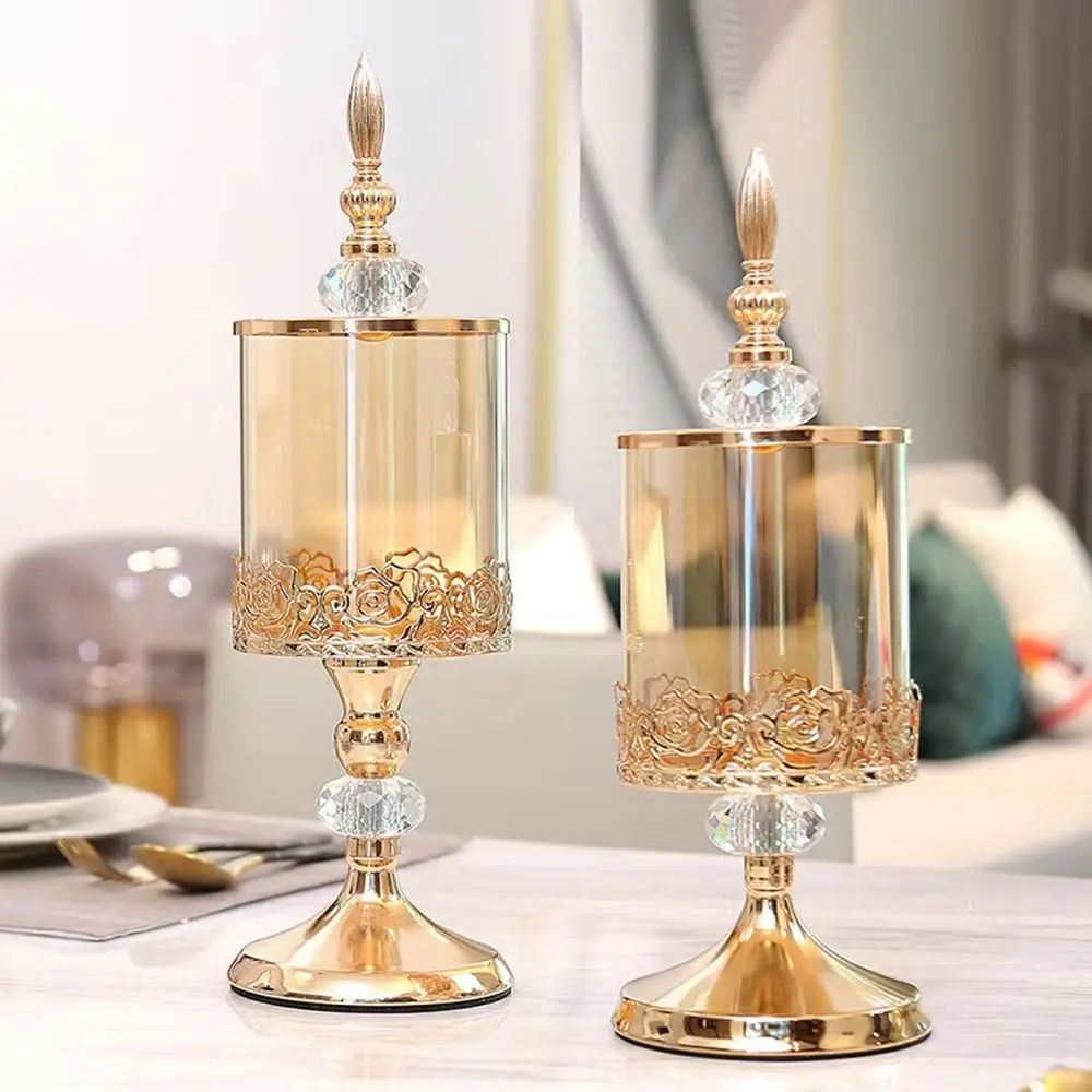 Jarrón de Cristal Vintage con Base Alta y Tapa, Estilo Europeo, Bañado en Oro, para Dulces, Decorativo, para Escritorio