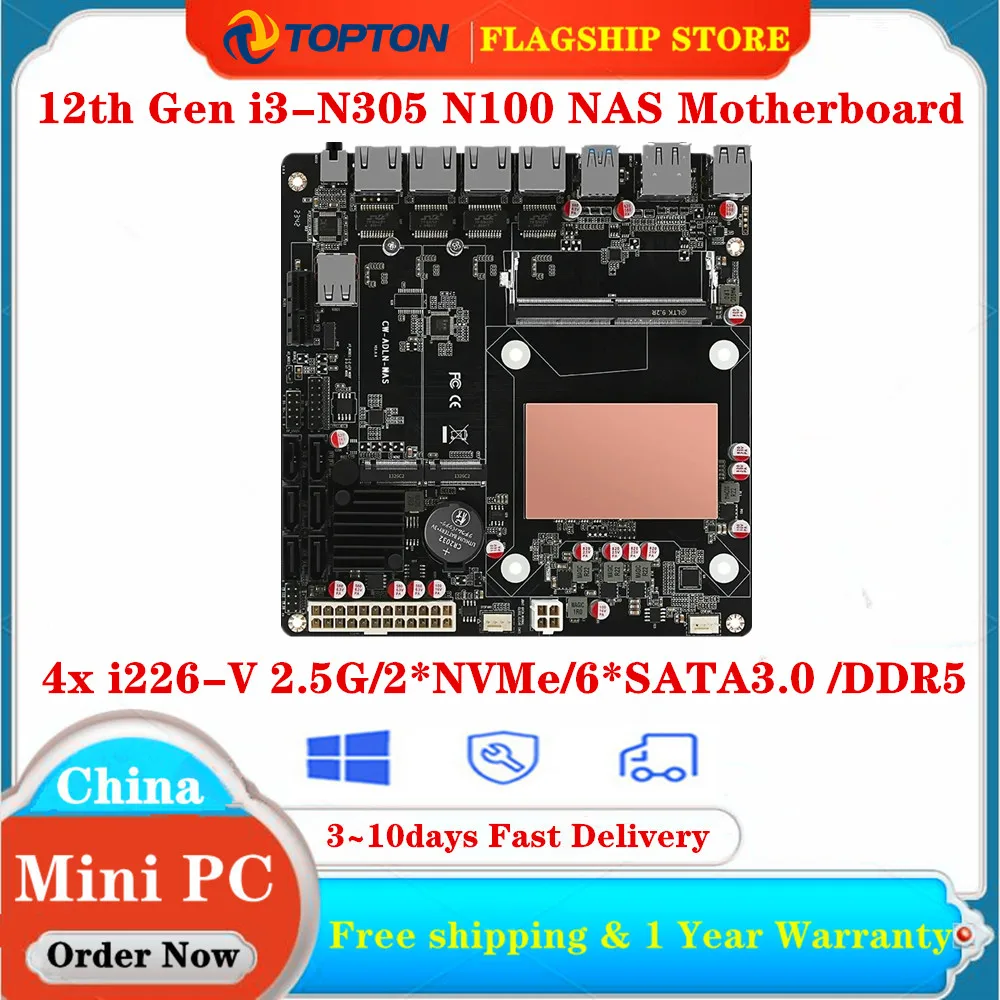 

12th Gen 4x i226-V 2.5G Intel i3-N305 N100 NAS Motherboard 6-Bay 2*NVMe 6*SATA3.0 DDR5 PCIex1 Type-C Mini ITX Router Mainboard