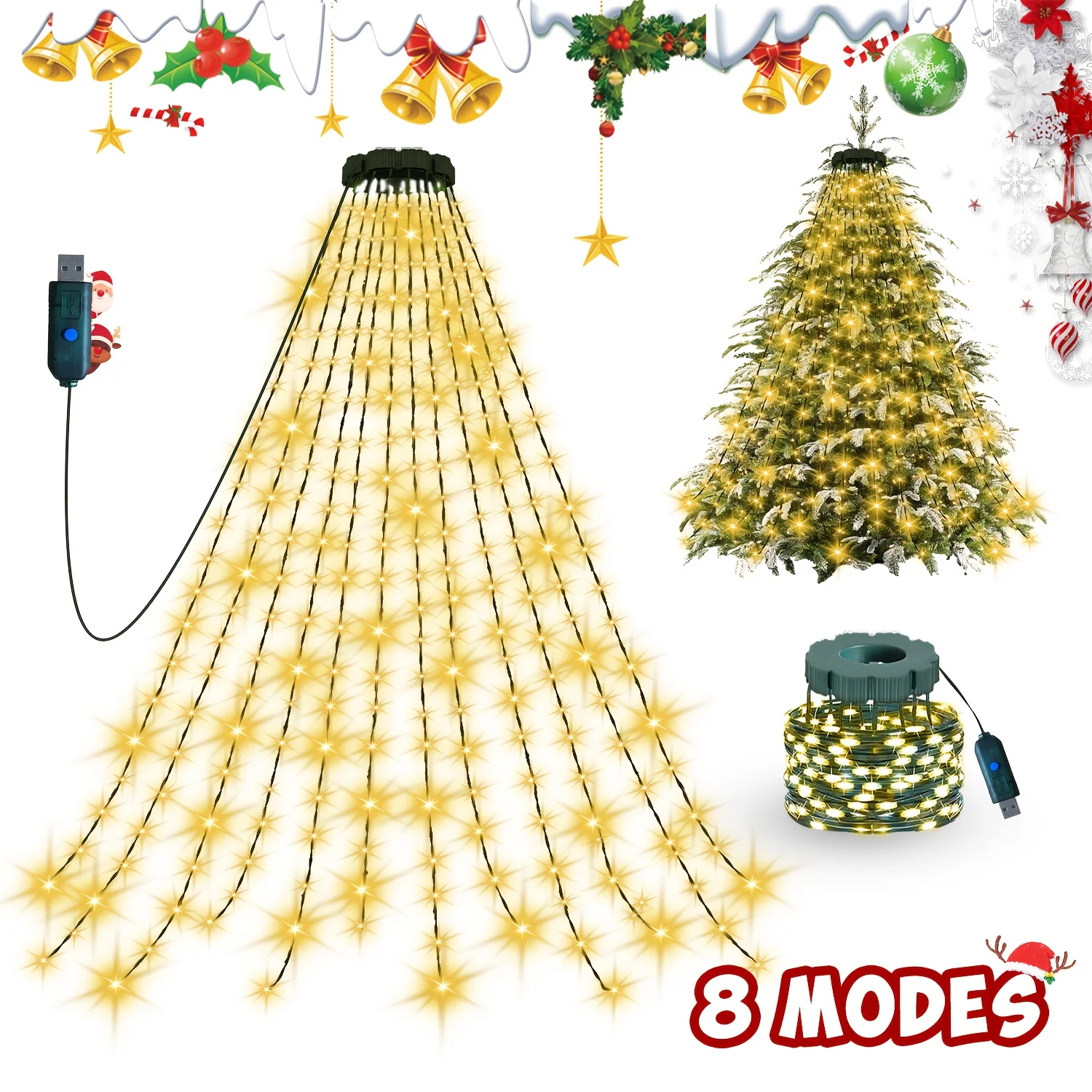 400 LED 2M Christmas Tree Waterfall Light USB Powered With Remote 8 Lighting Modes For Garden Terrace Home Christmas Decoration