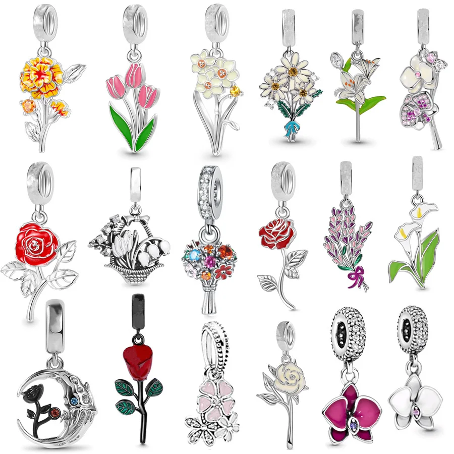 Hot Sale Blooming Tulip Narcissus & Rose Flower Pendant Charm Bead Fit Original Pandora 925 Sterling Silver Bracelet DIY Jewelry