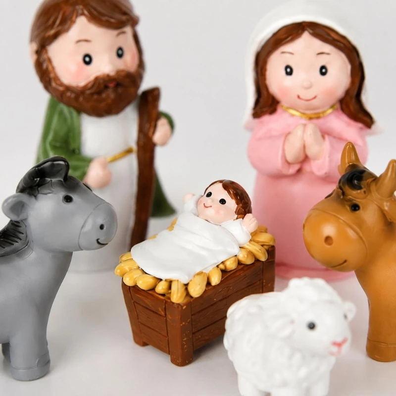 Resin Nativity Scene Decors with Cartoon Holy Family and Animals Design, Miniature Christmas Tabletop Figurine Set for Y5GB