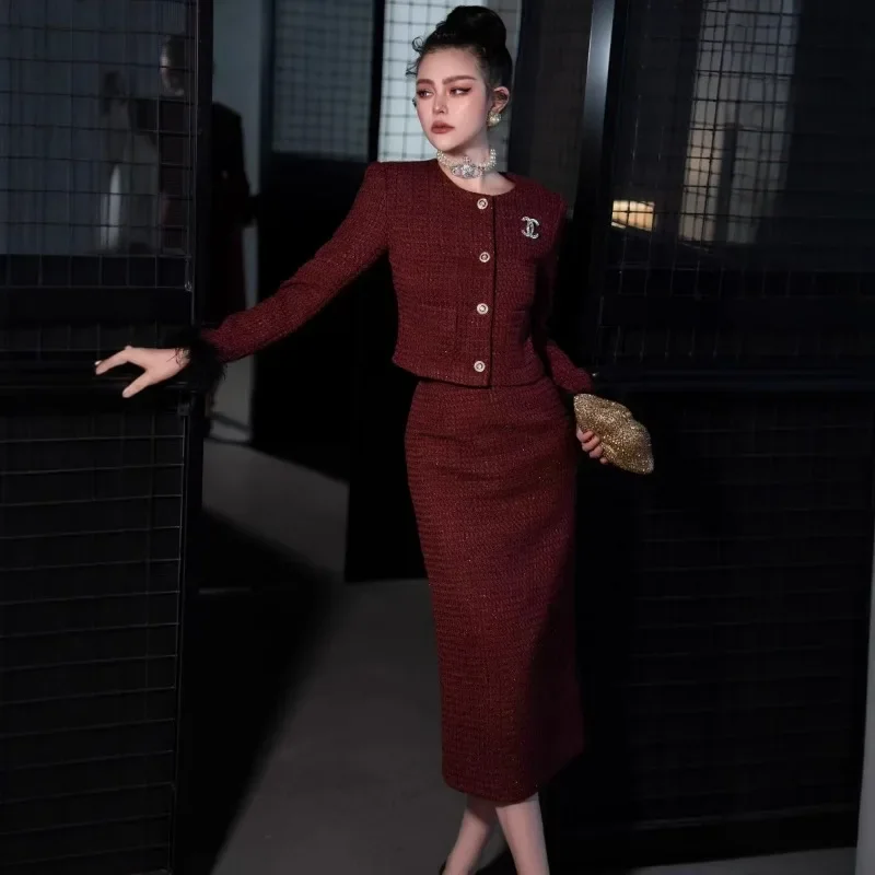 2024 new fall and winter original French small perfume jacket high waist split half skirt two-piece set Personalized Long Sleeve