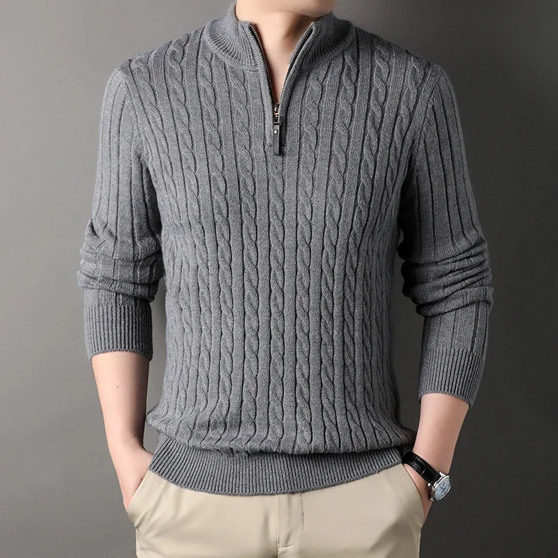 Suéter de cuello alto de punto para hombre, suéter con cremallera de cuarto, ajustado, informal, Invierno