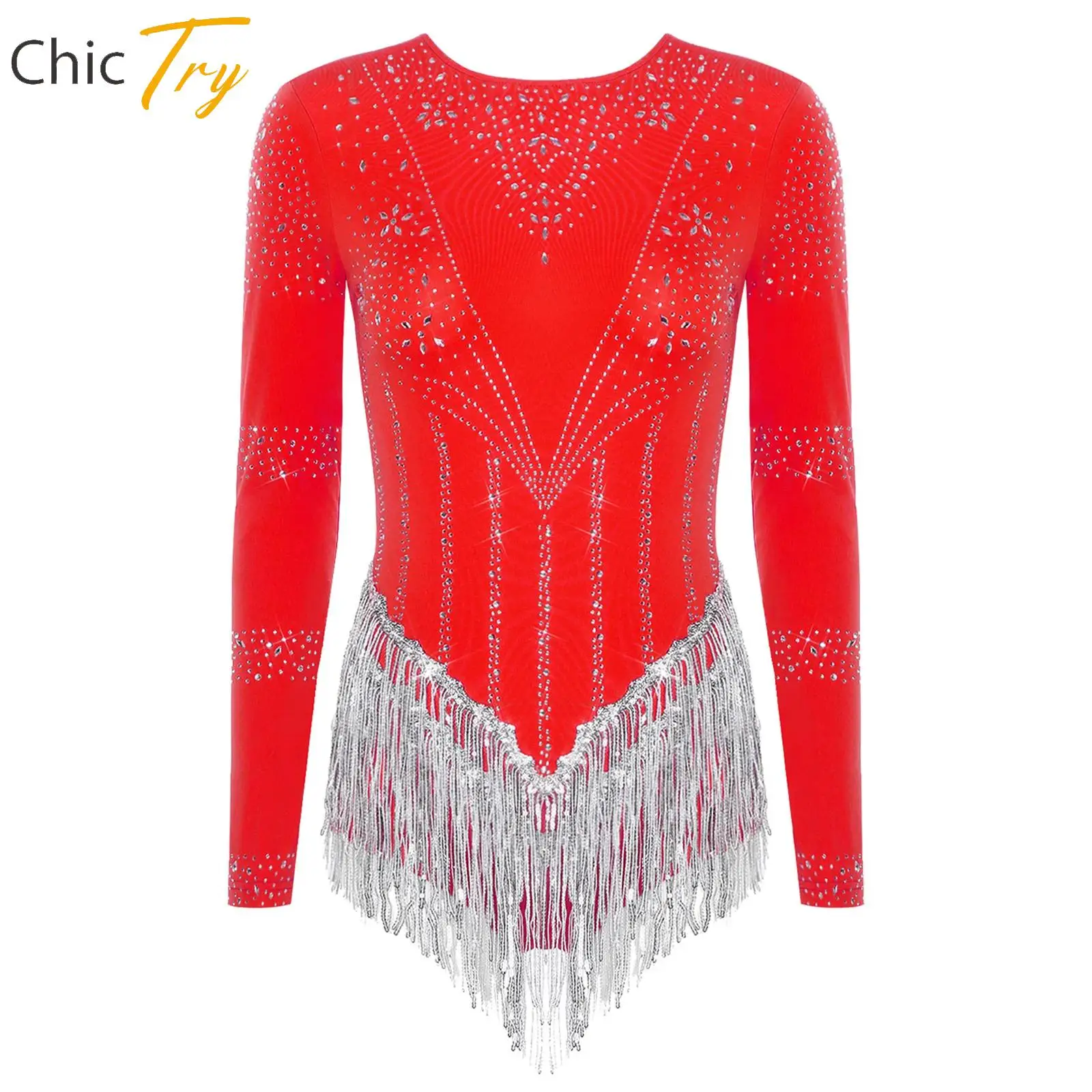 

Women Athletic Gymnastics Latin Chacha Dance Costume Sequin Tassel Long Sleeve Rhinestones Leotard for Figure Skating Stage Show