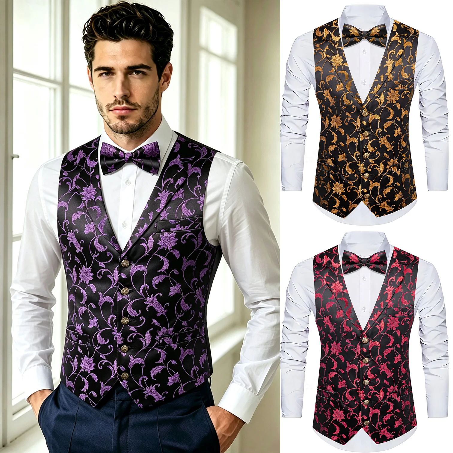 Chic Purple Waistcoats for Men Jacquard Suit Vest Half Lapel Collar Vest Bowtie Pocket Square Cufflinks Wedding Party Formal
