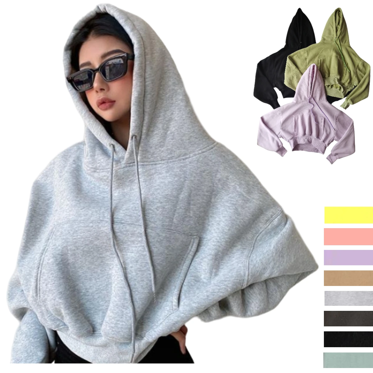 

Solid Gray Hoodies Women Autumn Loose Fleece Crop Tops Streetwear Two Colors Winter Basic Hooded Sweatshirts Cropped Pullovers