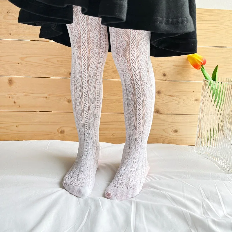 Lace Princess Hollow Out Mesh Tihgts for Kids,Children's Cute Vertical Striped Heart-shaped Pattern Stockings Lolita Leggings