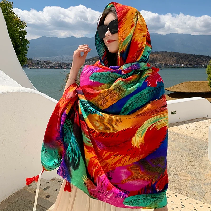 

2024 New Fashion Women Beach Scarf Bohemia Flower Summer Hijab Shawls and Wraps Female Foulard Echarpe Designer Pashmina Bandana