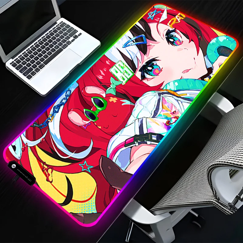 

RGB LED Mouse Pad Computer Gamer Accessories Mouse Mat Rubber HD Keyboard Pad Non Slip H-hololive Hakos Baelz Mousepad Desk Mat
