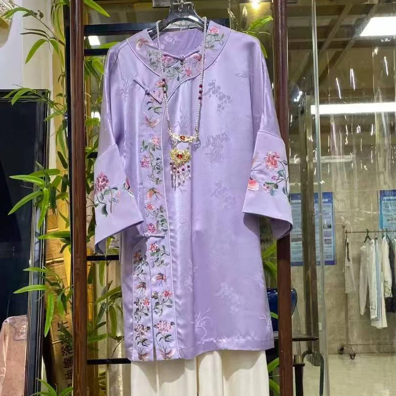 Spring New O-Neck Acetate Fabric Jacquard Gradient Flower+ Embroidered Seven Quarter Sleeve Mid Length Women's Coat S-XXL