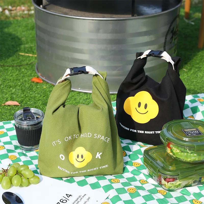 Korean Insulated Larger Capacity Canvas Lunch Box Handbag Foldable Waterproof Bento Box Bag for Work School Cooler Tote Bag