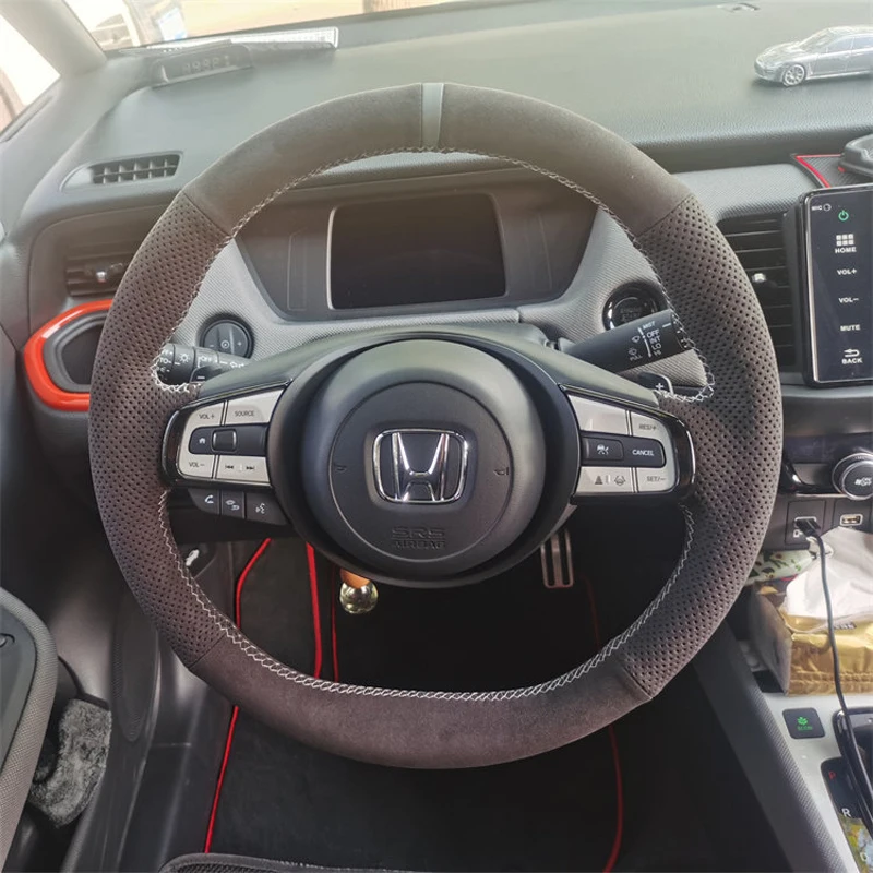 Customized Diy Hand-sewn Car Steering Wheel Braid Cover for Honda Fit Jazz 2020-2026 Black Suede Interior Accessories