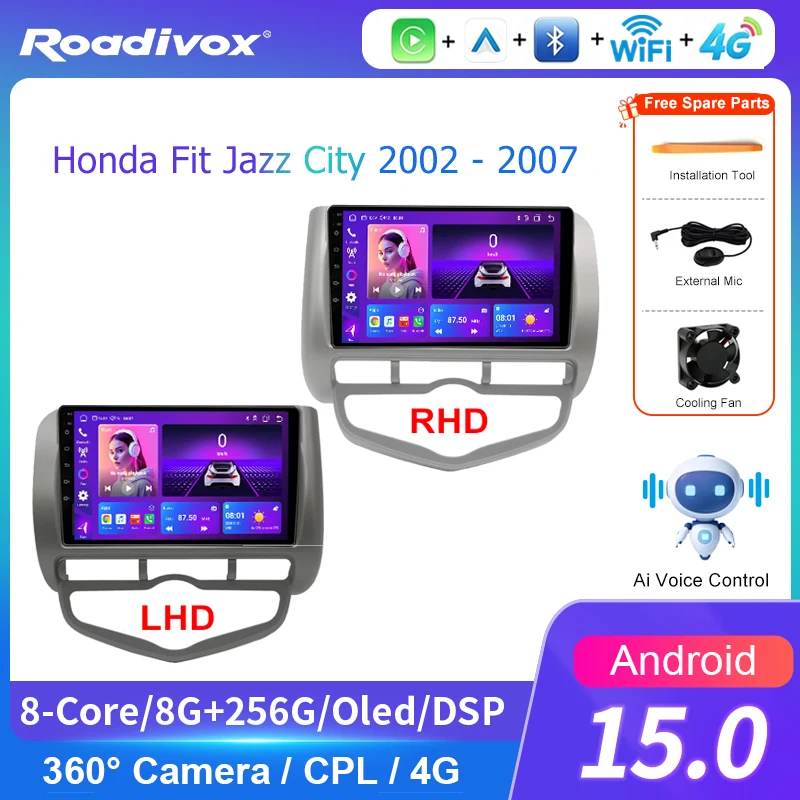 AI VOICE roadivox Android car radio for Honda Fit Jazz City 2002 2007 stereo GPS Navigation video Multimedia Player tape
