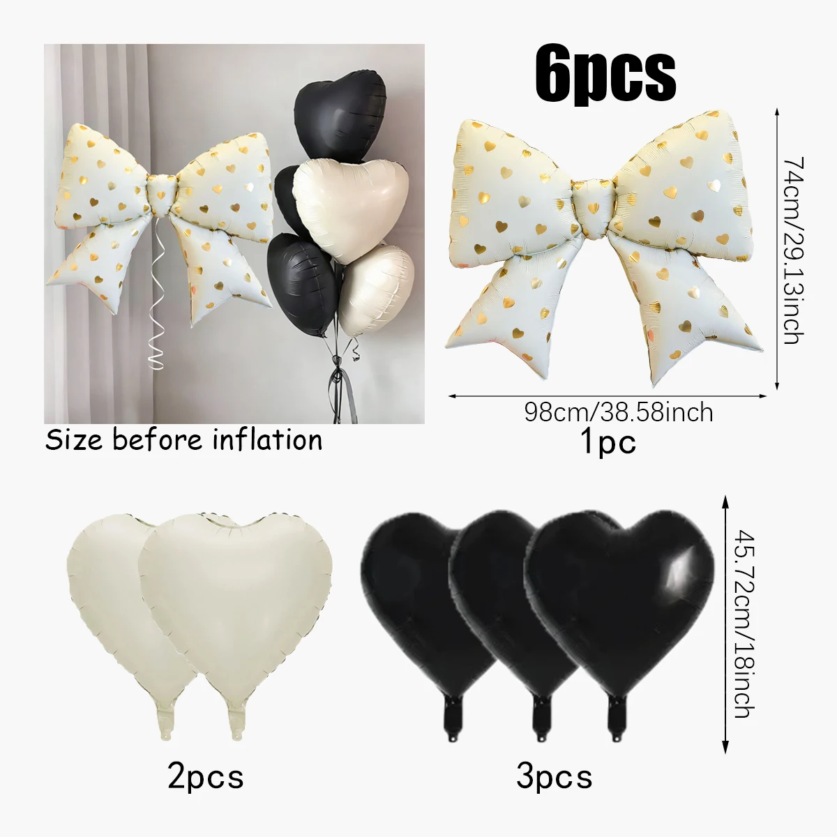 This 6-piece white heart-shaped bow balloon set includes a 38-inch heart-printed foil bow balloon and an 18-inch black cream-whi