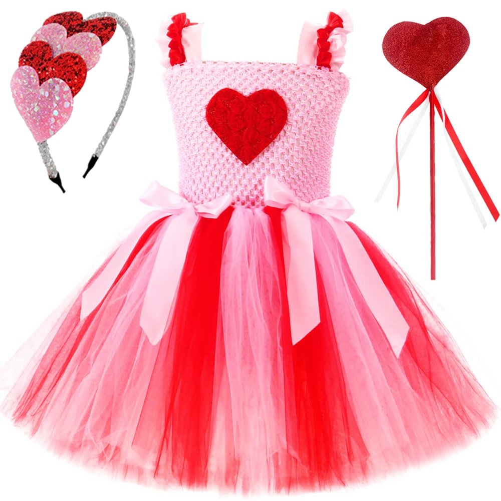 Valentine’s Day Princess Dresses for Girls Sweet Hearts Ballet Tutus Costumes for Kids Birthday Party Outfit with Hair Bow Wand