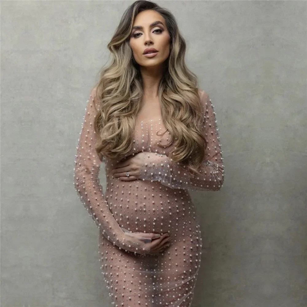 

Sexy Bead Maternity Photo Dresses Pearl Rhinestone Pregnancy Shooting Dress Long Pregnant Photography Gown Women Bikini Cover Up