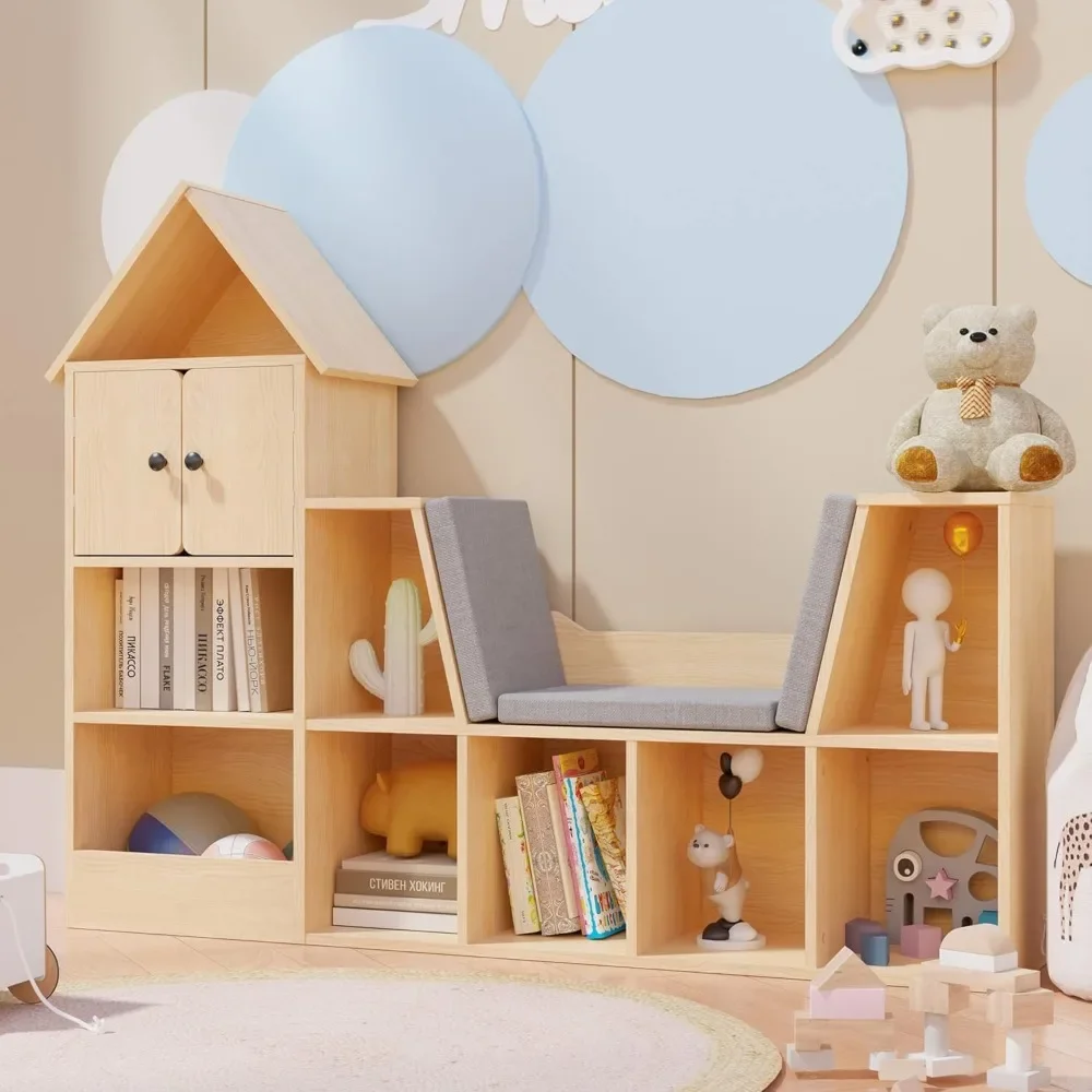 

56.9" Wooden Kids Bookshelf with Reading Nook, Kids Bookcase with Detachable Cushions,Toy Storage Organizer with 9 Cubes