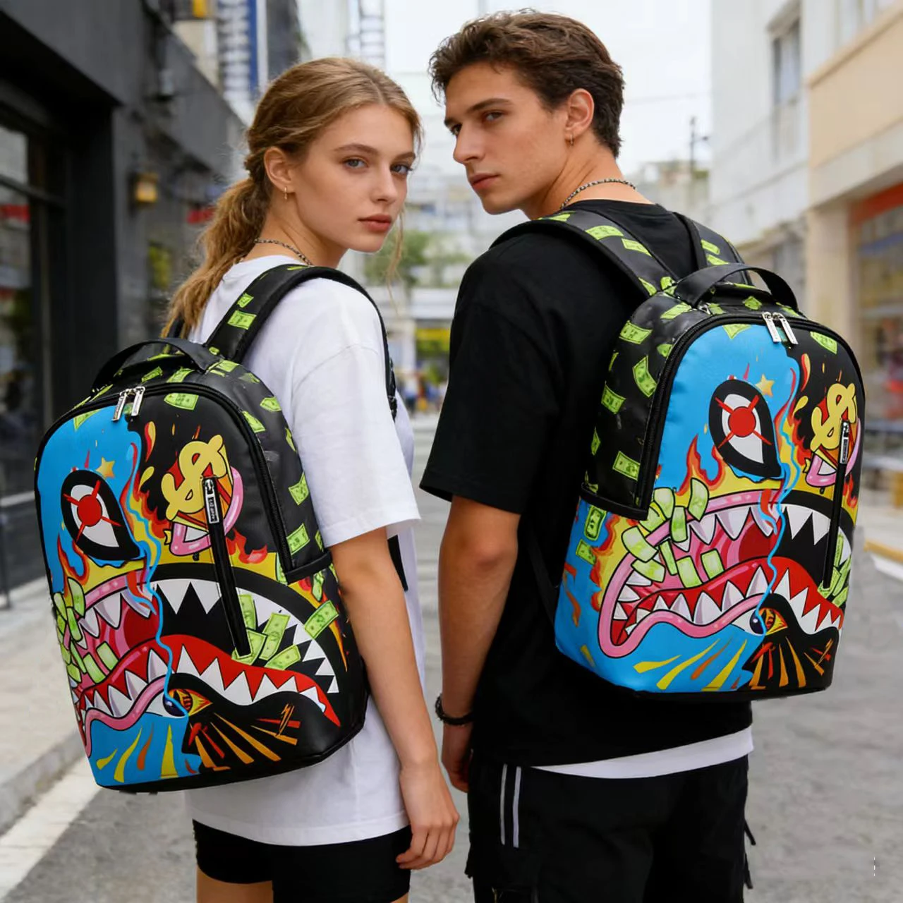 

A Hip-Hop Street-Style Backpack with Spray-Painted Ground-Pattern Design, a Stylish Outdoor Commuter Bag, Large-Capacity Travel Bag, Multifunctional Storage Backpack, with Adjustable Shoulder Straps, Suitable for Teenagers, Back-To-School, the Best Valent