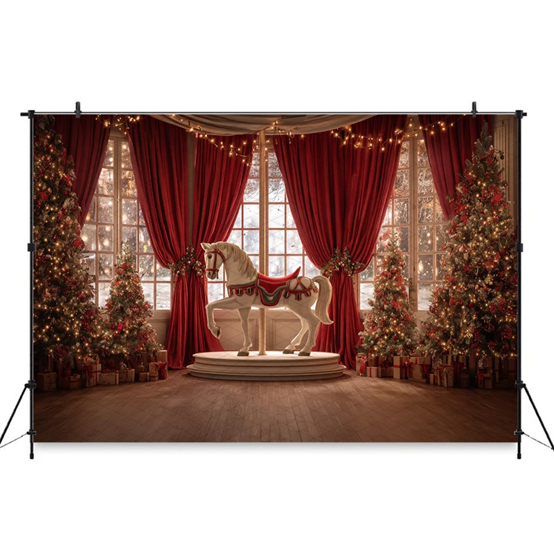 Mocsicka クリスマス写真背景新年パーティーホームツリー馬赤いカーテン装飾写真背景スタジオ壁紙