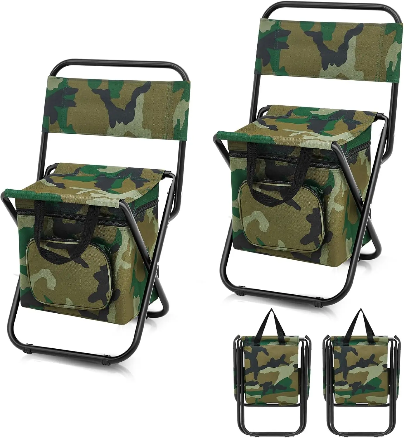 

2-Pack Foldable Fishing Chair with Cooler Bag, Backrest & Storage - Portable for Camping, Hunting, Travel in Camo
