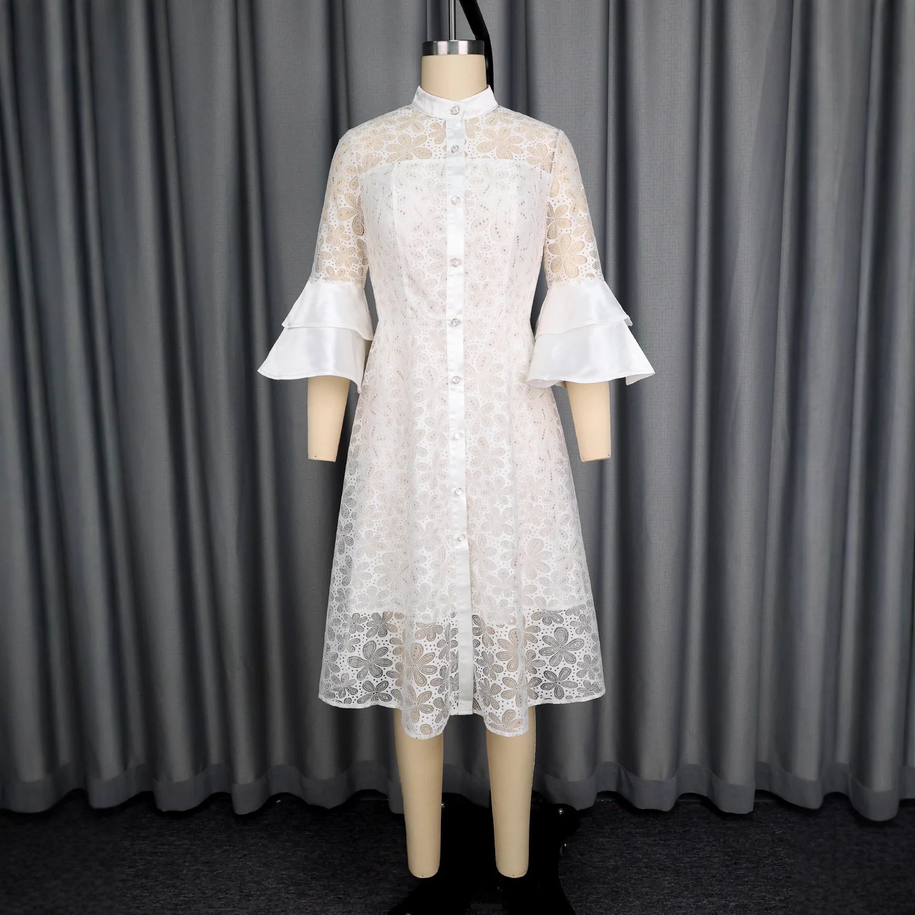 Lace Stand Collar Single-breasted Sheer A-line Midi Dress with Flared Sleeves and Waist-cinching Elegant Party Dress Elegant