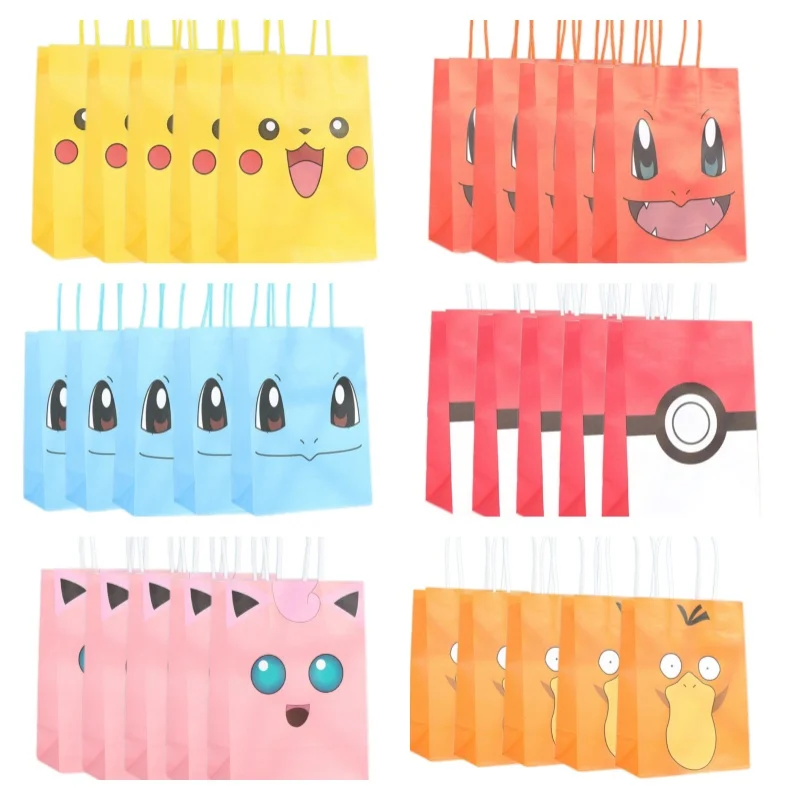 1/4/6/9/10pcs Pikachu Digimon Adventure 21x15x8cm Sacchetto di carta Kraft Anime Cartoon Stampa Forniture per feste per bambini Borsa regalo di caramelle
