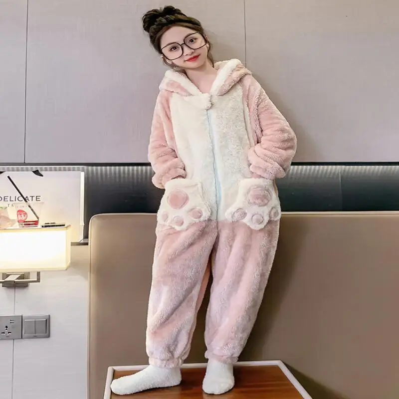 

Kawaii Girl Coral Fleece Keep Warm Jumpsuit Pajamas Student Autumn and Winter Cartoon Casual Thicken Homewear Children Clothing