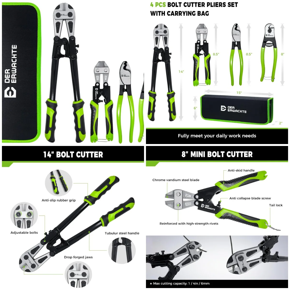 

4-Piece Bolt Cutter Set: 14' & 8' Heavy Duty Cutters with Carrying Bag, Cr-V Blades for Locks, Wire, Chains