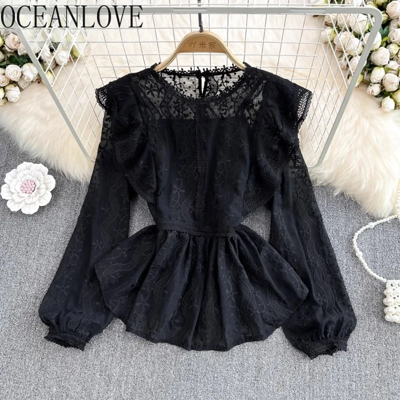 

OCEANLOVE Lace Shirts&blouses Women Tops Ruffles Elegant Vintage Spring Autumn Blusas Mujer Korean Fashion Elegant Camisas
