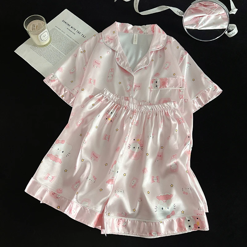 

Kawaii Sanrio женский комплект одежды для сна из ледяного шелка, летняя тонкая ночная рубашка с героями мультфильмов, домашняя одежда с короткими рукавами и принтом для студенток