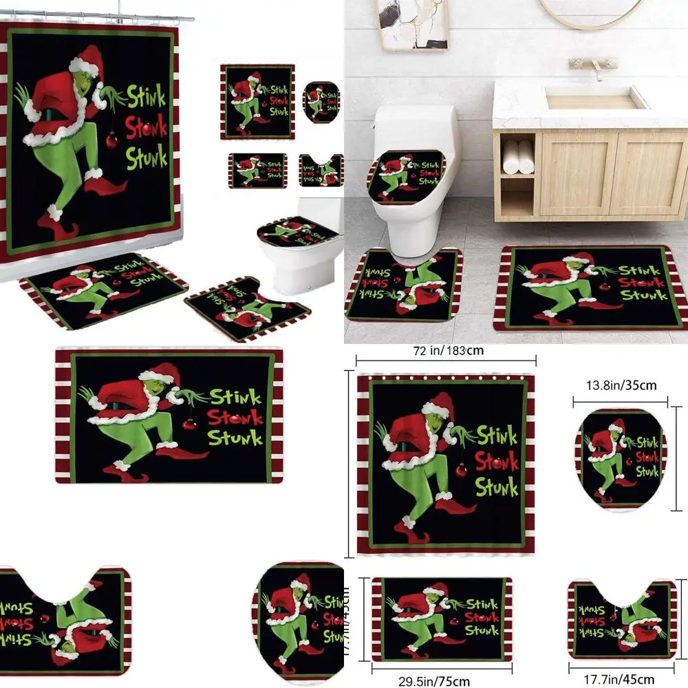 

Christmas Shower Set: 72 Curtain, Mat, Lid Cover, U-Rug, Hooks & Decor