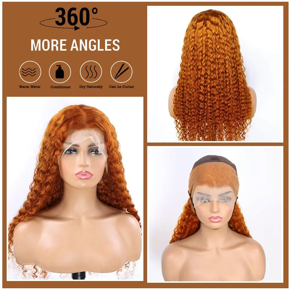 34/36 Inch 13x6 Ginger Curly Ginger Deep Wave Burnt Orange Human Hair Wig 13x6HD Lace Wig Transparent Lace Front Human Hair Wig