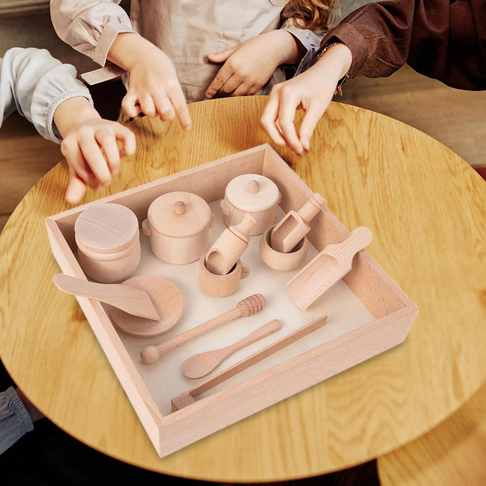 14x Sensory Bin Tools Wooden Scoops and Tongs Fine Motor Learning with Wooden Box Matching Sensory Box for 1-3 Years Old Kids