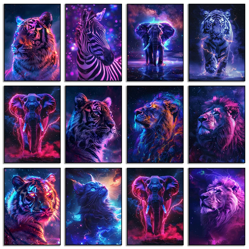 Starry Sky Animal Posters Canvas Paintings And Prints Wall Art Tigers Lions HD Pictures For Living Room Home Decor Frameless