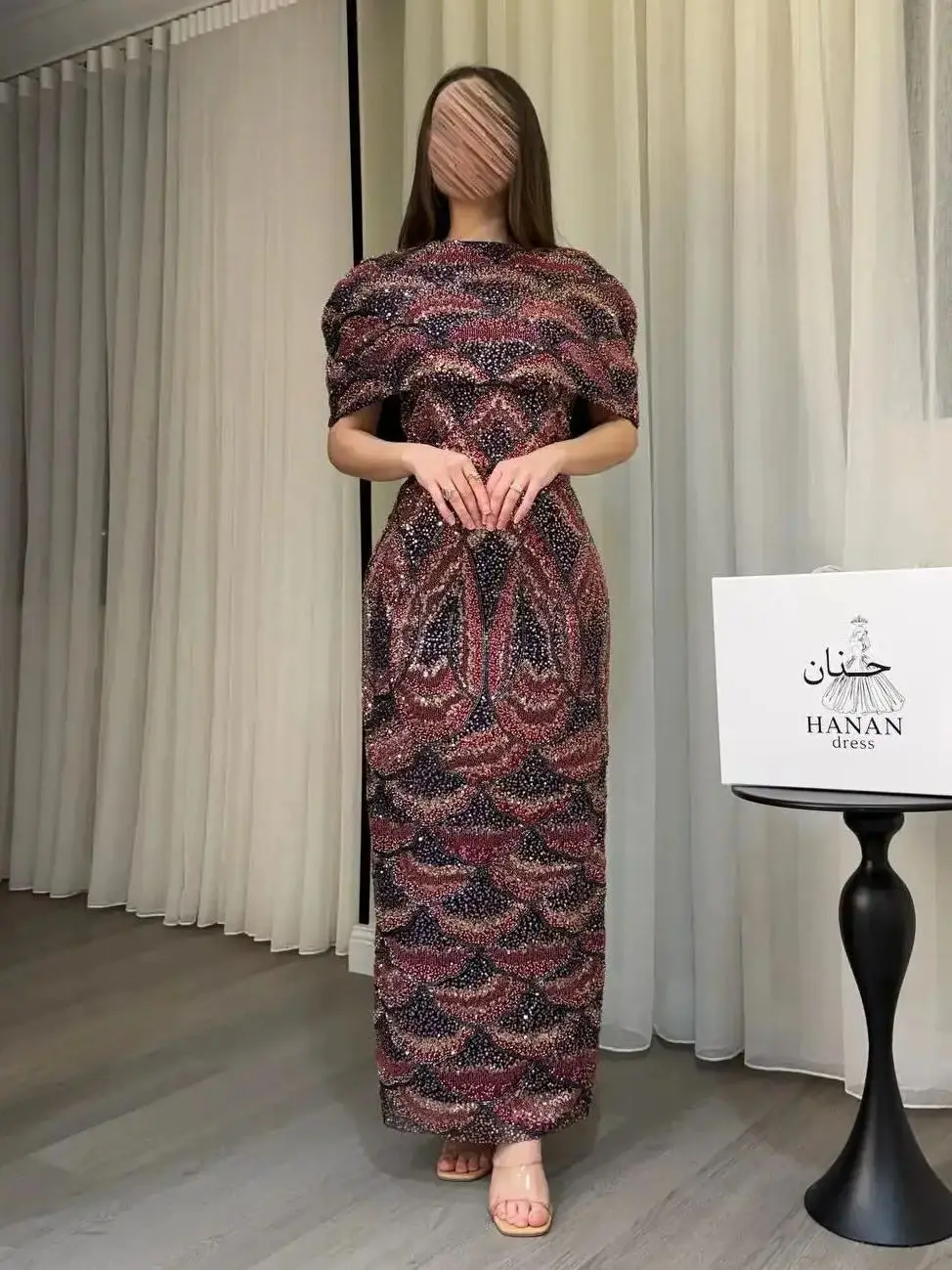 Ofherown Burgundy Beaded Prom Gown Luxury Cape Sleeve Evening Dress with Geometric Pattern Back Slit Formal Gown 2026