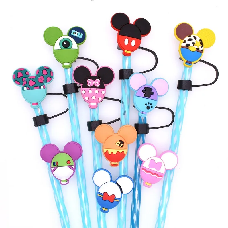 10pc/set Cartoon Straw Cap 10mm Reusable Straw Dust Cap Silicone Straw Sleeve Gathering Party Straw Accessories