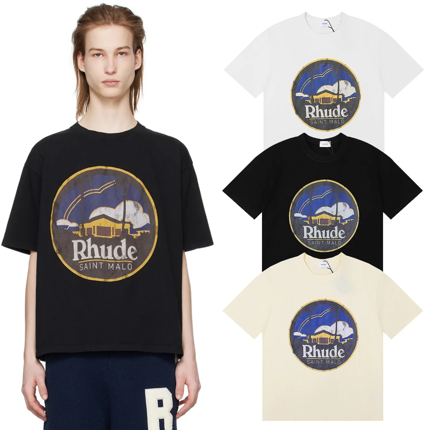 New American INS Brand Loose Cotton T-Shirt Castle Print round Neck Short Sleeve Street Style Retro Fashion for Youth