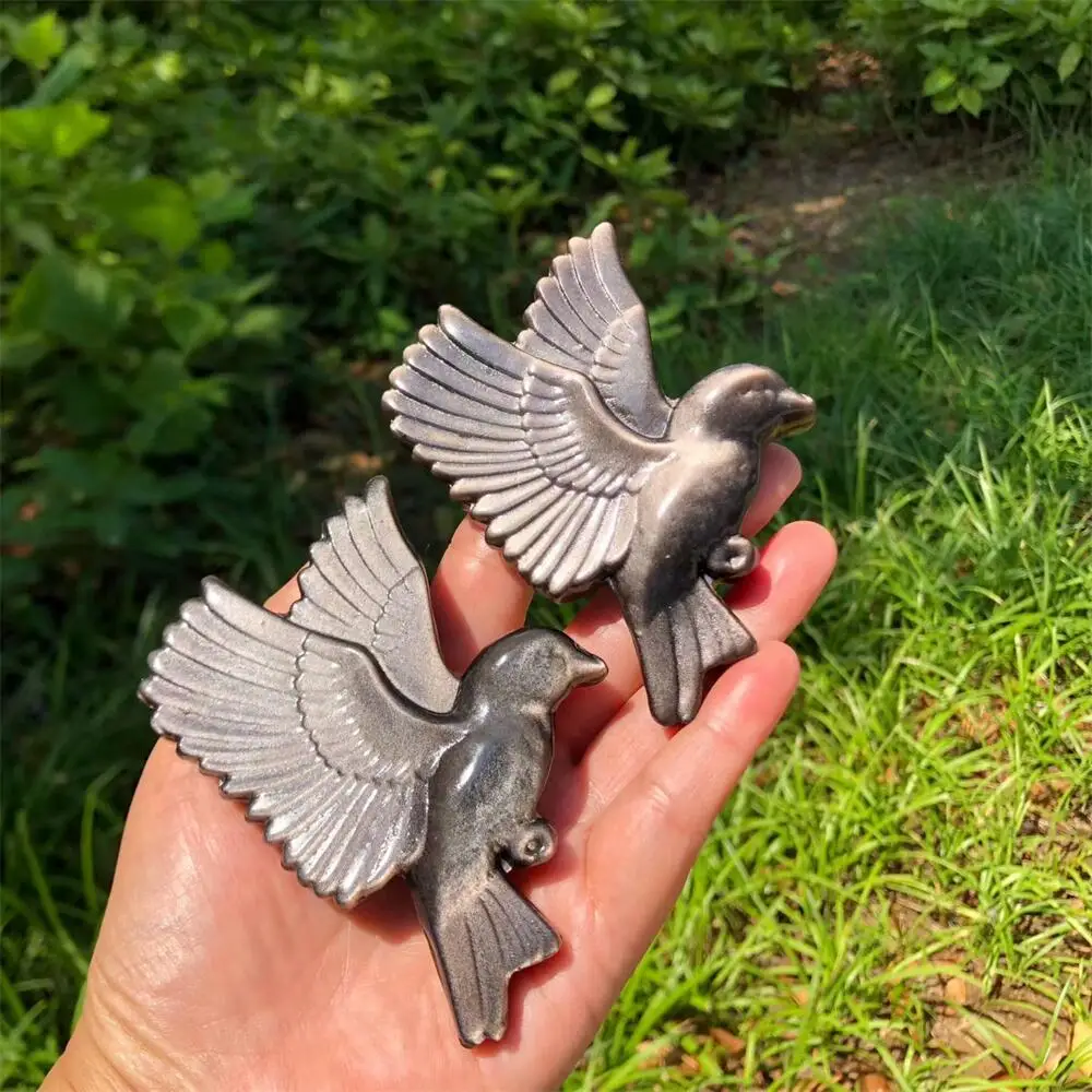Natural Silver Obsidian Bird Carving Animal Healing Mineral Polished Home Decor Ornament Figurine for Stress Relief