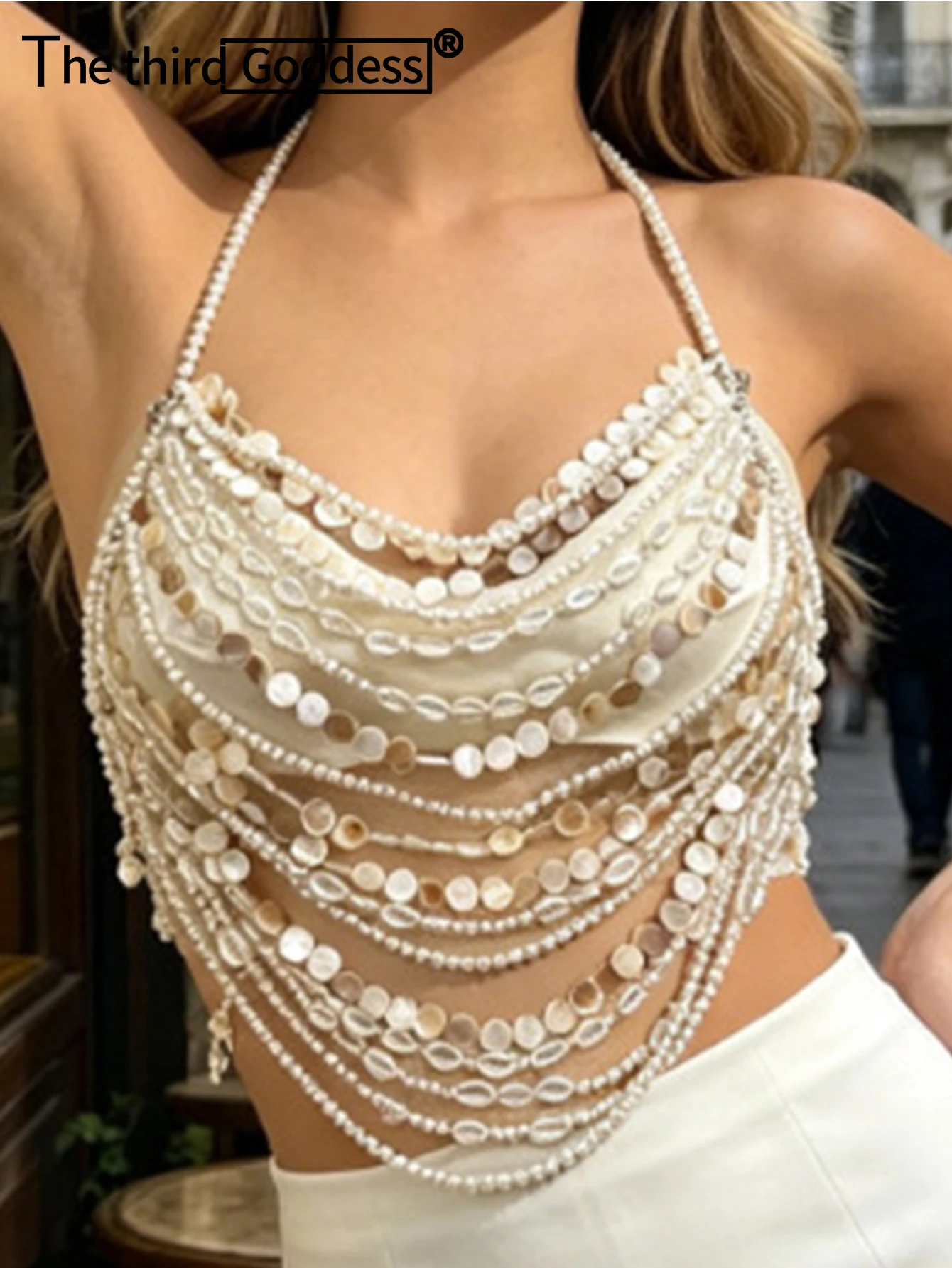 Sexy See through Metal Pearl Tanks Top Women Summer Night Club Party tops for Woman Beach Halter Crop Top Rave Festival Clothing