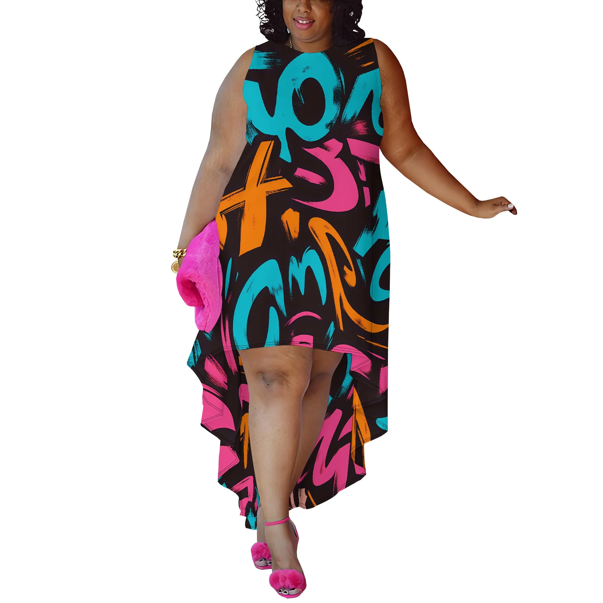 Plus Size Sleeveless Graffiti Abstract Print High-Low Dress for Women, Vibrant Casual Dress for Summer