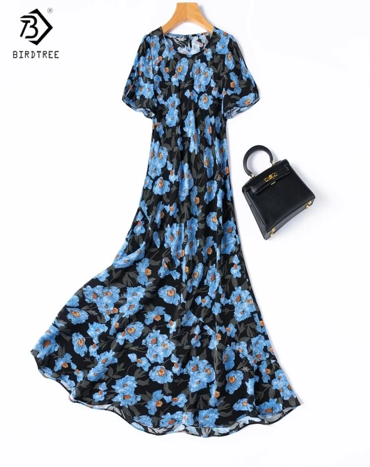 

Birdtree Summer 100% Mulberry Silk Dress,Women's Double Crepe O-Neck Loose Floral Print Short Sleeve Dress,New 2025 D55002JF