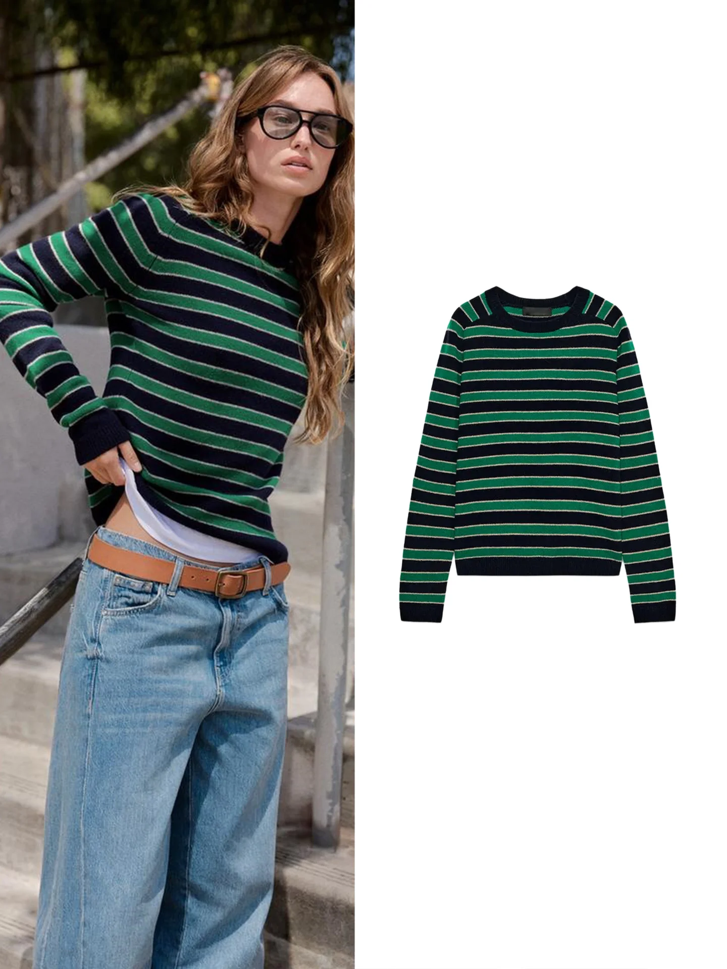 Autumn New Women's Lazy Style Long Sleeve round Neck Striped Knitwear Layered Decoration Color Block Polyester Fiber Sweater