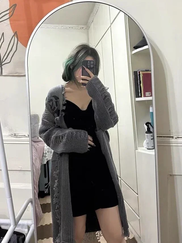 Vintage Grunge Loose Hollow Out Sweaters Fashion Gothic Punk Cross Letter Knitted Coat Y2k Streetwear Harajuku Cardigans Women