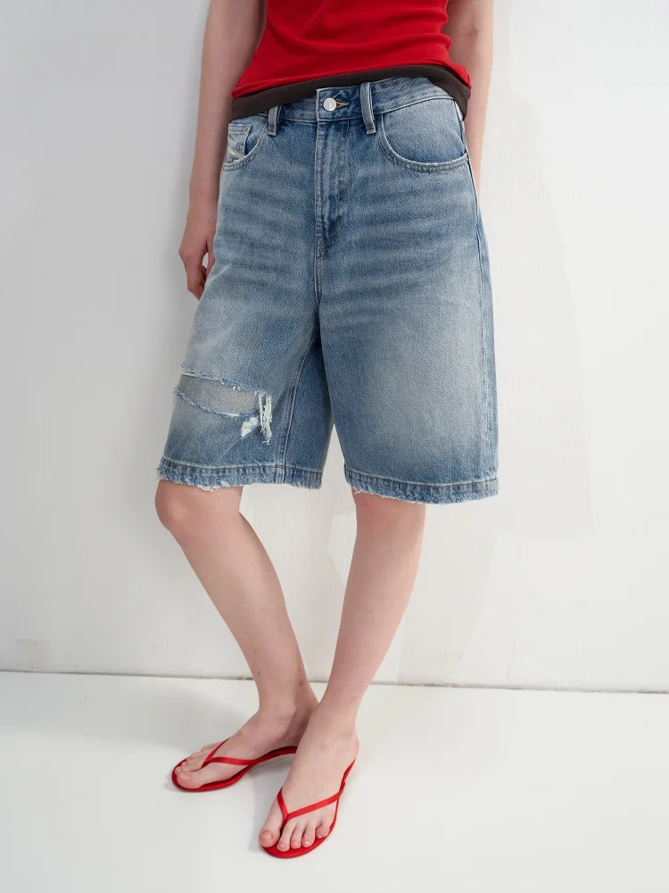 

Retro Waed Distred Loose Fit Five Inch Denim orts M per Lyn Summer Casual Straight Leg Zipper Closure Wide Leg Pants