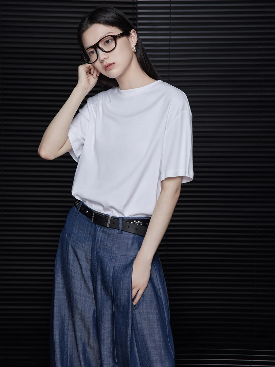 

White Pure Cotton Loose Fit round Ne ort Sve T-irt Women's Comfortable Slimming Summer Top Street Sle Classic Pattern